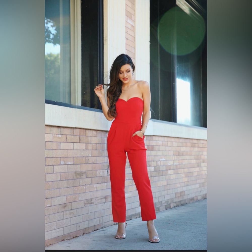 Express Red Sweetheart Neckline Strapless Jumpsuit